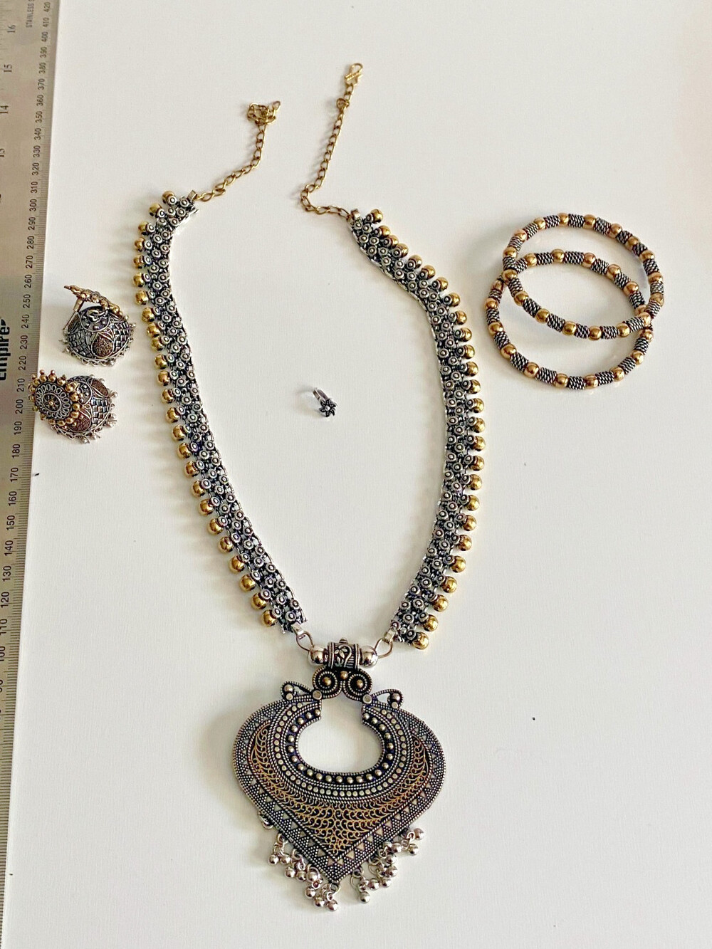 Vastabhushan Indian Jewelry Set Necklace Jhumka Earrings Bangles Nose Pin 2 Tone